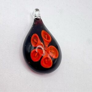 Blown Glass Teardrop Pendant | Black & Red Floral Design | Artisan Glass Jewelry